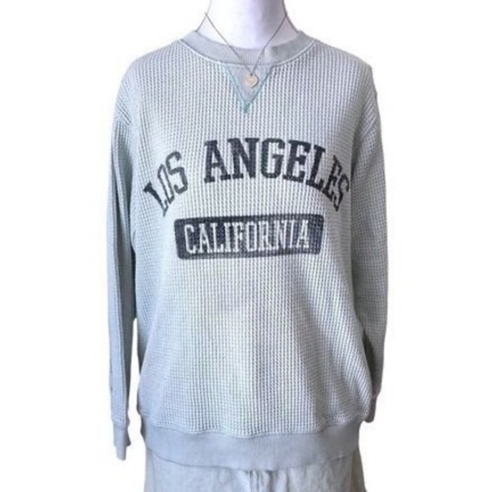 Aerie Los Angeles California Waffle Knit Sweatshirt Graphic Thermal‎ Blue XS